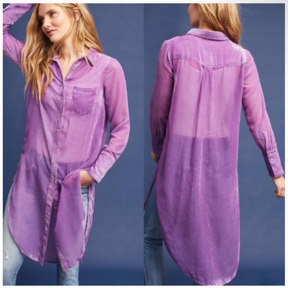 Anthropologie Akemi Kin Purple Velvet Sheer Longline Button Front Top